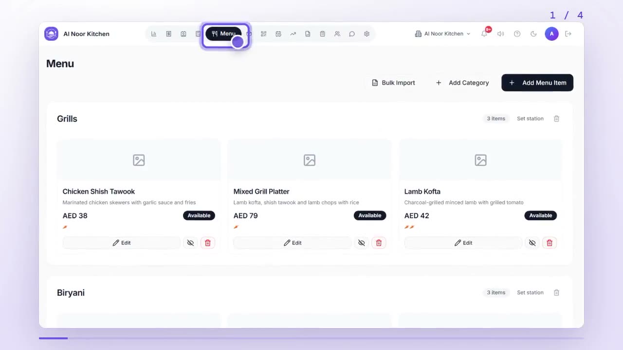 Dashboard with the Menu tab highlighted in the left menu