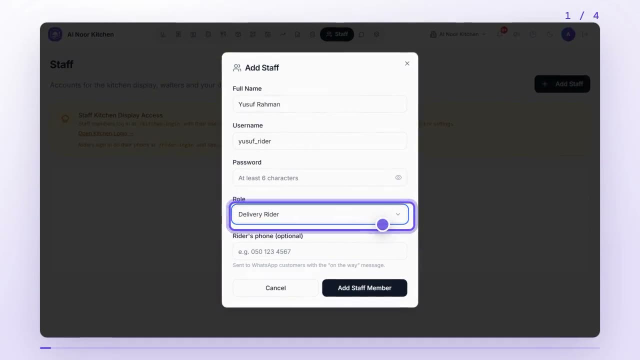Add Staff dialog with the role set to Delivery Rider