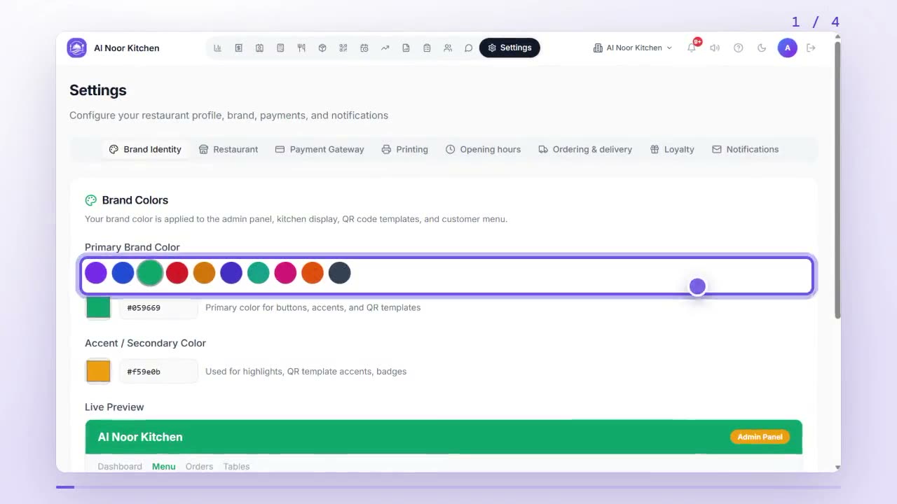 Brand Identity tab with the preset brand colours, colour pickers and the live preview