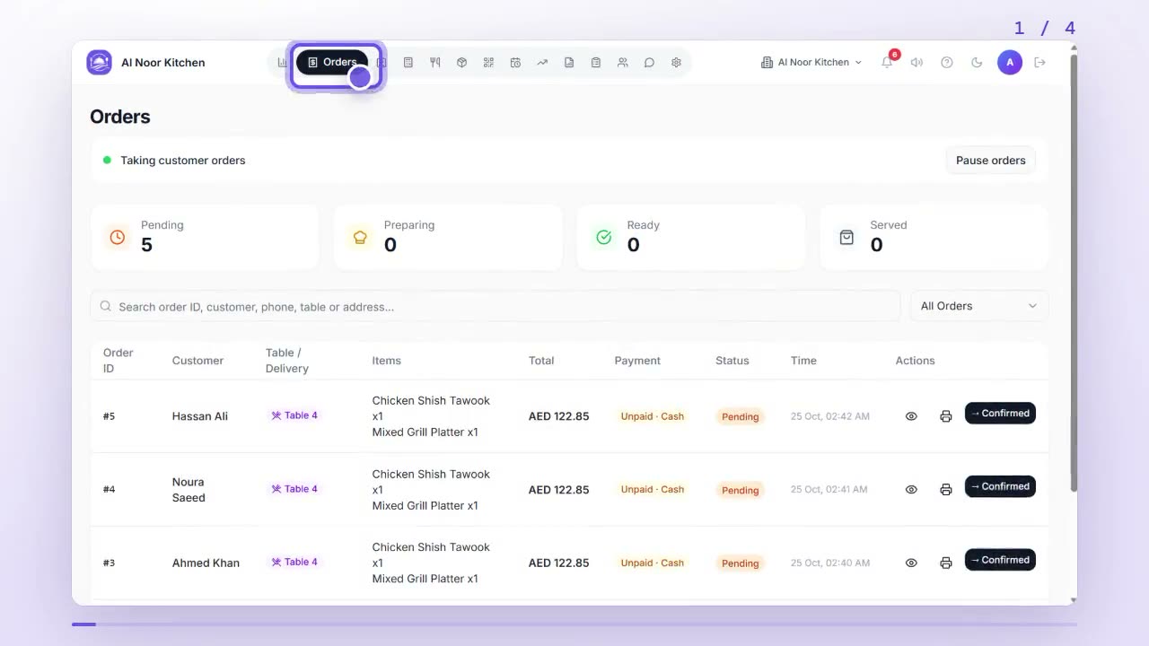 DineFlow dashboard with the Orders tab highlighted in the left menu