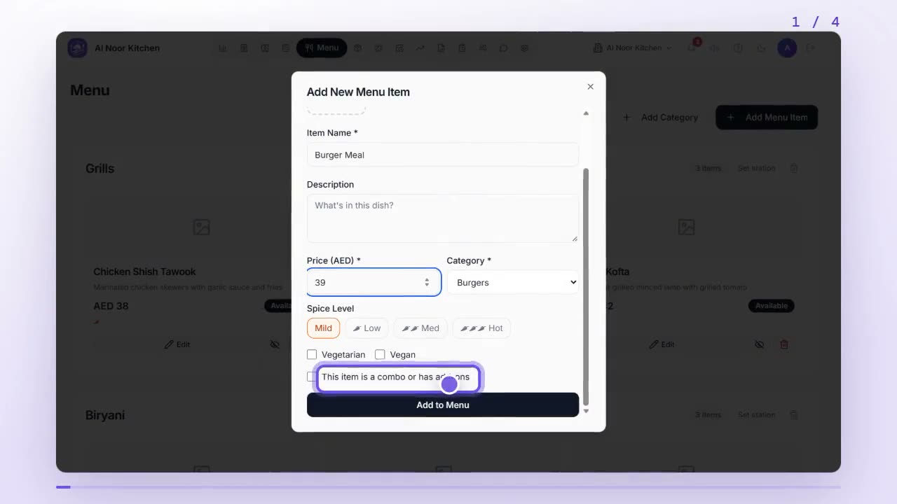 Add New Menu Item dialog with name, price and category filled in and the combo checkbox highlighted