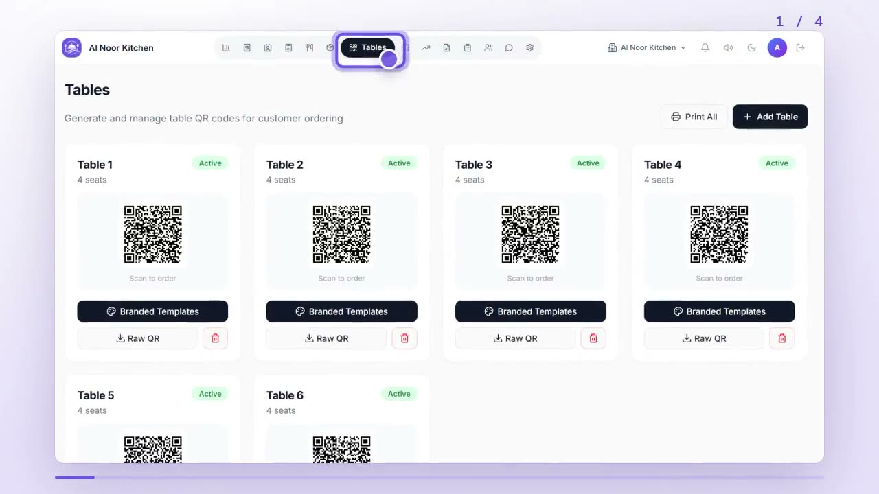 DineFlow dashboard with the Tables tab highlighted in the left menu