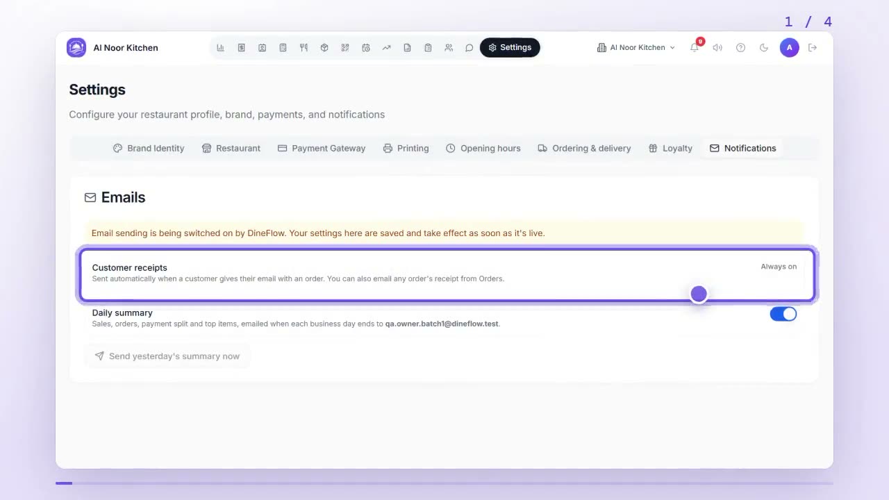 Settings Notifications tab with the Emails card and Customer receipts marked Always on