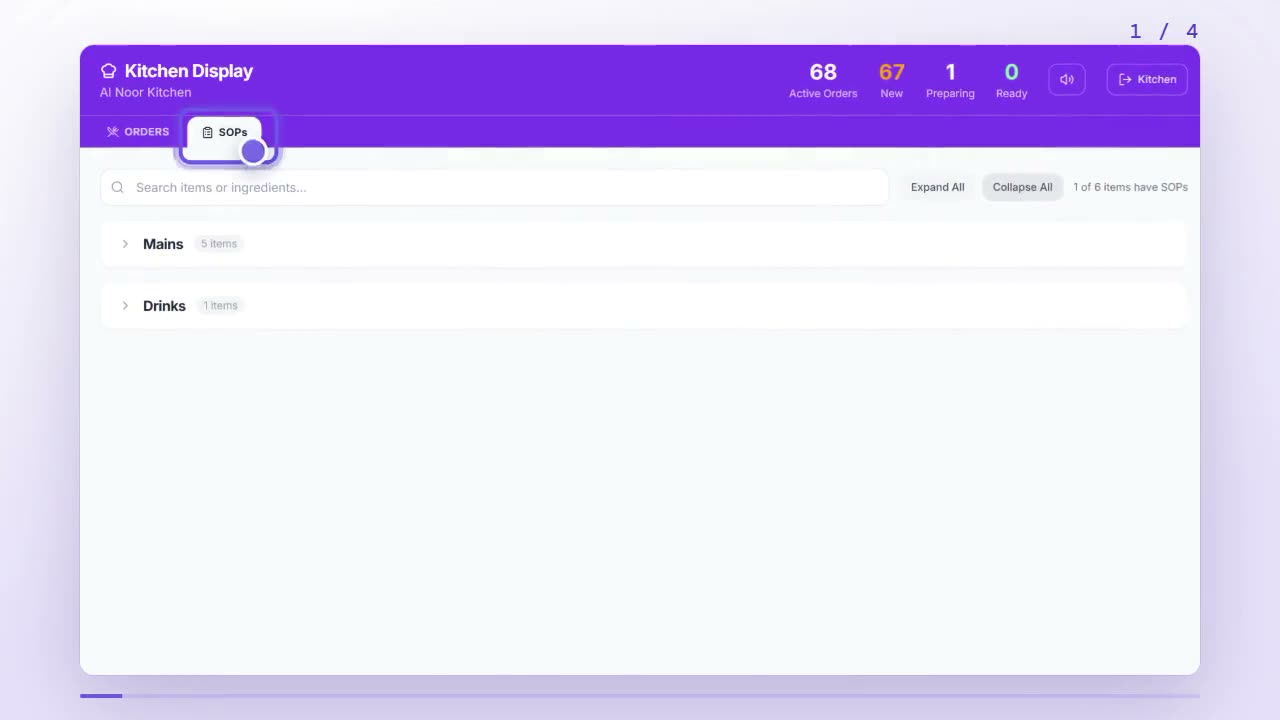 Kitchen display with the SOPs tab highlighted next to Orders