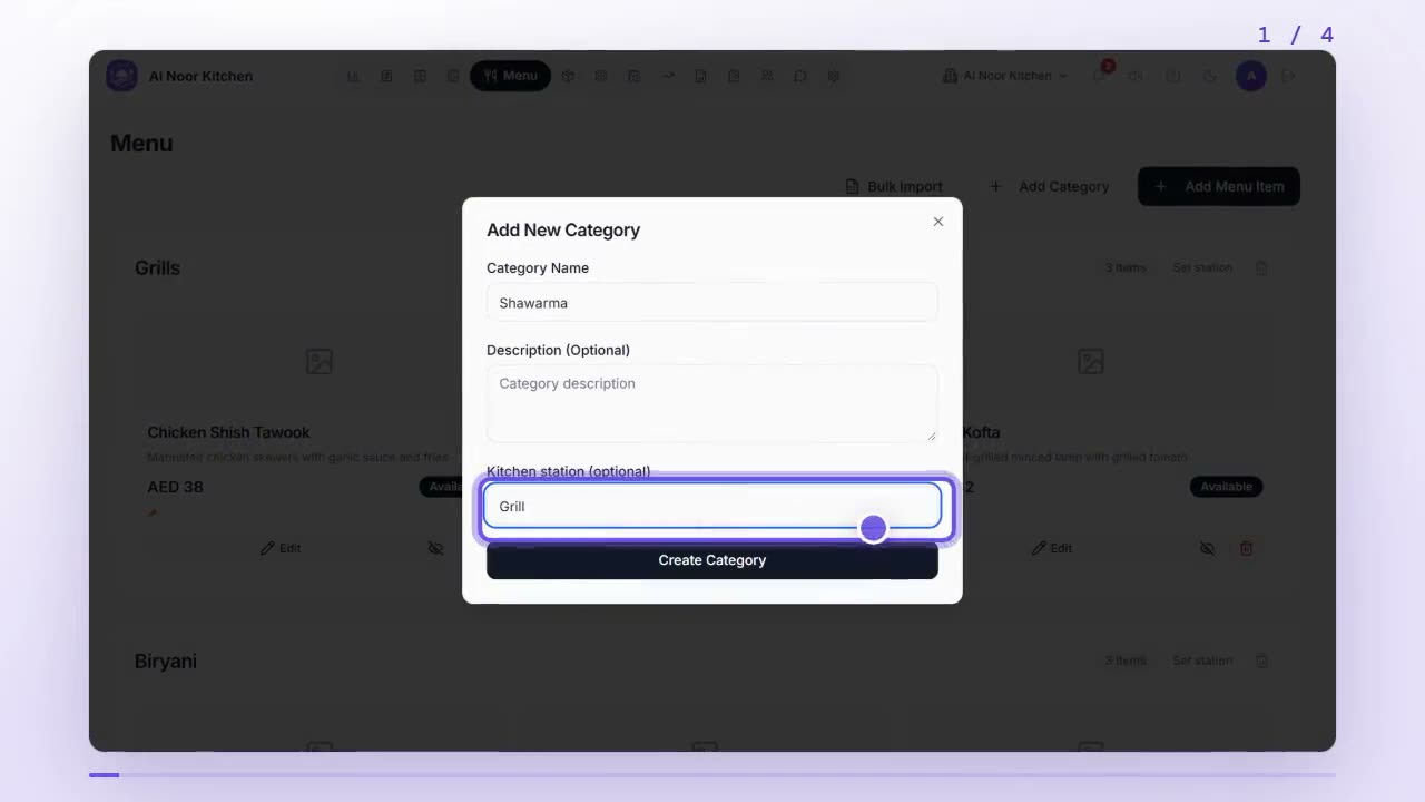 Add New Category dialog with the Kitchen station (optional) field highlighted