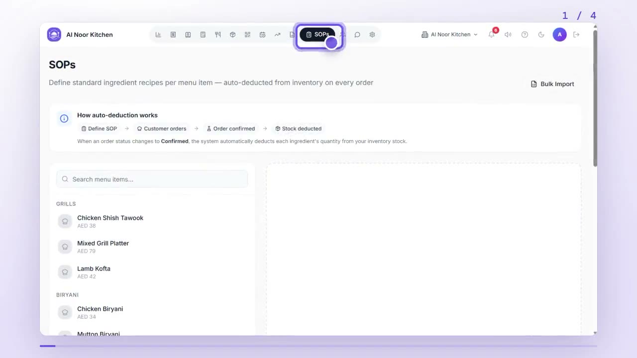 SOPs tab with the menu item list and the How auto-deduction works panel
