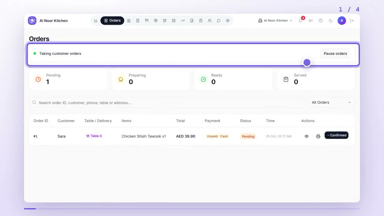 Orders tab with the Taking customer orders bar highlighted