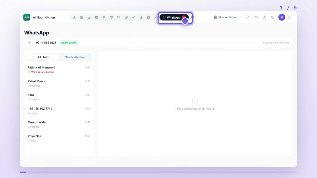 WhatsApp tab in the dashboard with the list of customer chats and the All chats and Needs attention filters