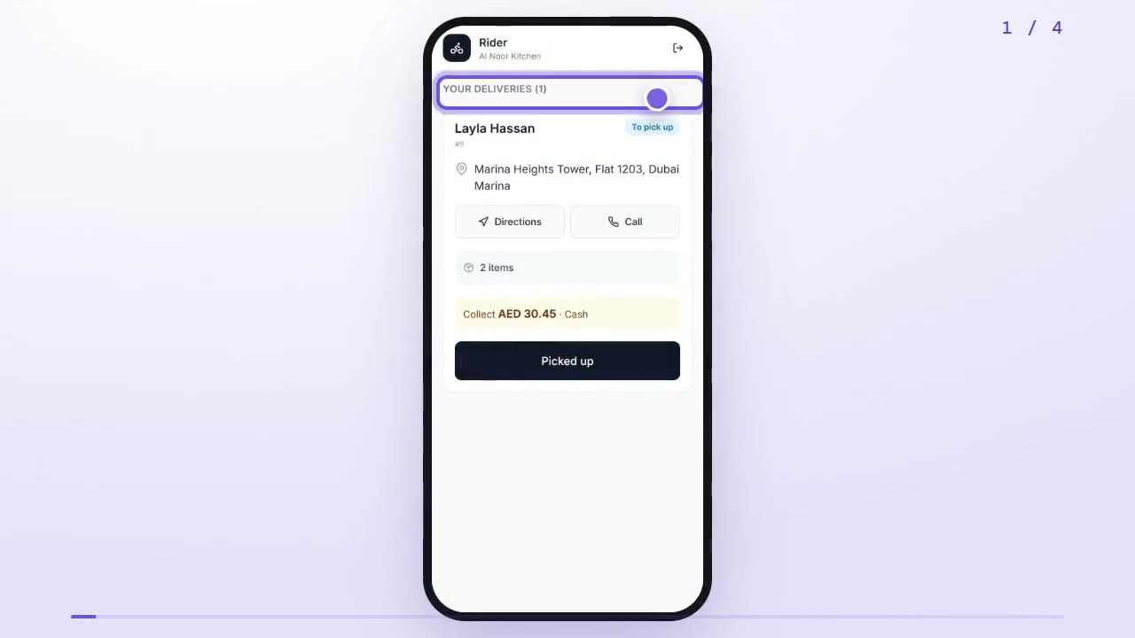 Rider app on a phone showing the Your deliveries list