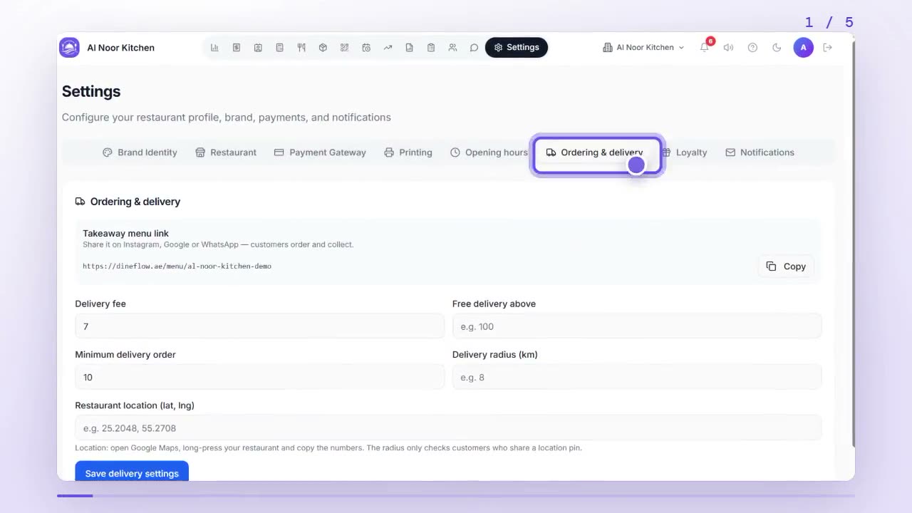 Settings with the Ordering & delivery tab highlighted