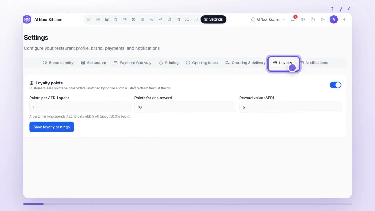 Settings page with the Loyalty tab highlighted