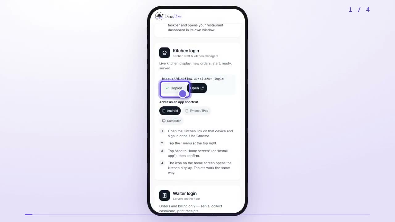 Team page Kitchen login card with the Copy link button highlighted