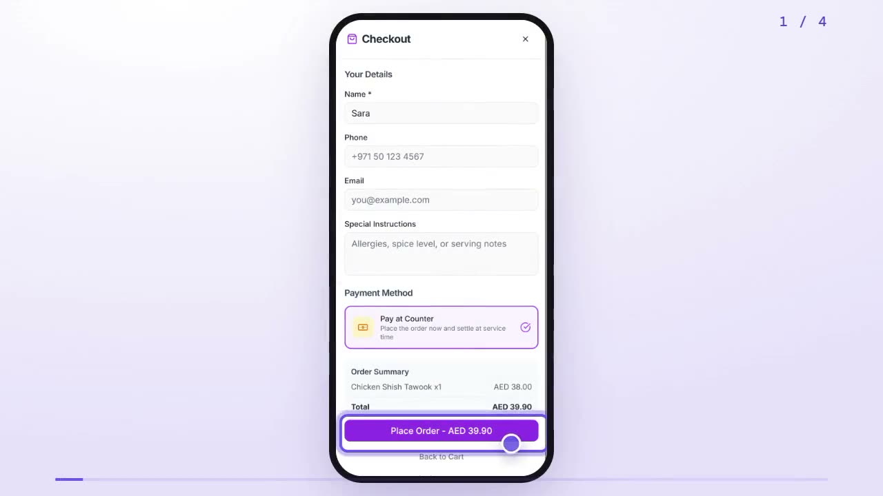 Phone checkout with the name filled in and the Place Order button highlighted
