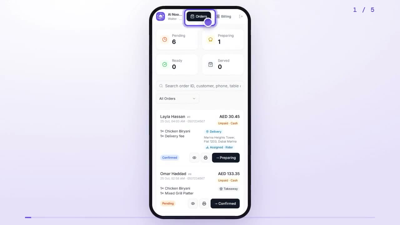 Waiter screen on a phone with the Orders and Billing tabs